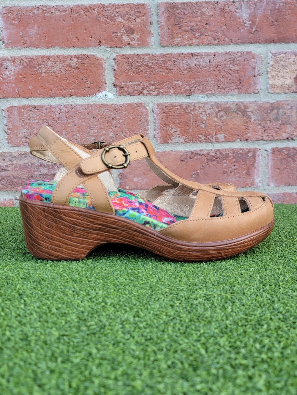 Women's ALEGRIA Tan T-Strap Wedge Heel Comfort Sandals ~ Size 37 - Picture 7 of 14